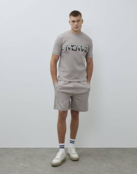 River Island Beige regular fit drawstring jersey shorts in stone - light - view 1