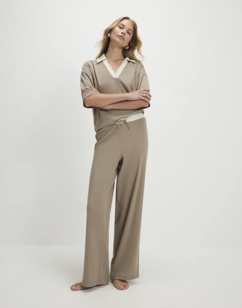 River Island Beige ribbed polo loungewear set in grey - view 1