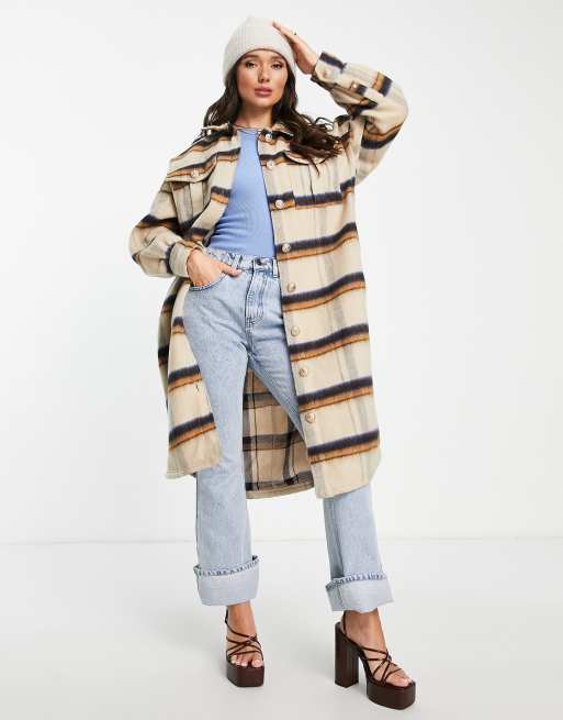 River Island – Beige rutig overshirt i lång modell
