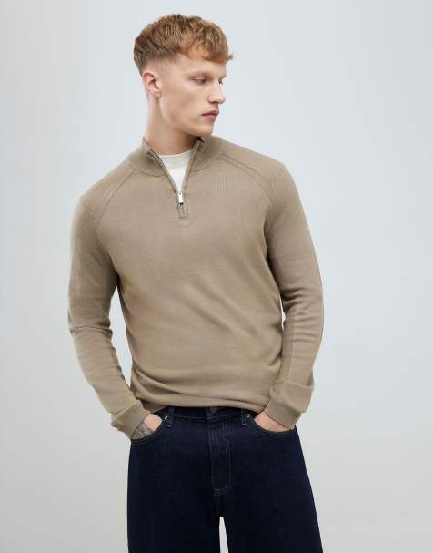 River Island Beige slim fit half zip jumper in stone - light - view 1