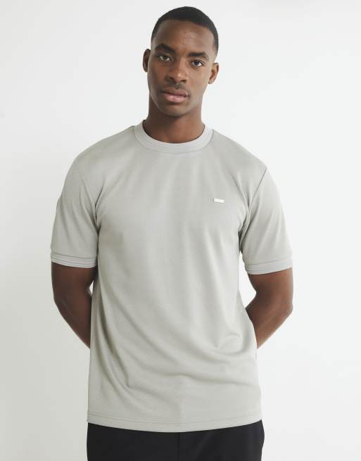 River Island Beige slim fit jacquard badge t-shirt in stone - light