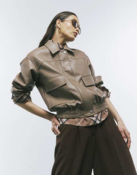 River Island Beige textured faux leather bomber jacket in stone - view 1