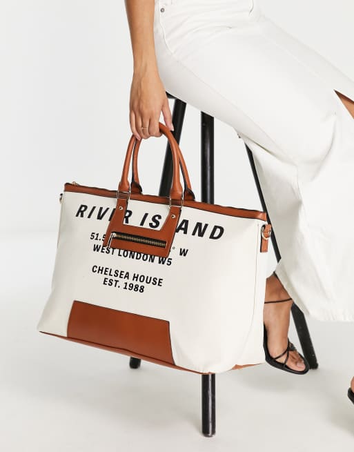 River Island - Beige weekendtaske i lærredsstof med lynlås
