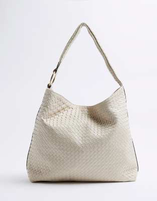 River Island Beige woven slouch tote bag in cream-White