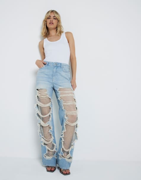 River Island bejwelled super distressed straight leg jean in lightwash blue - view 1