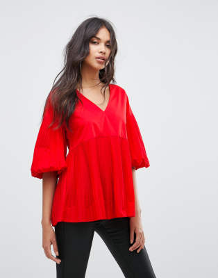 River Island Bell Sleeve Pleated Top-Red