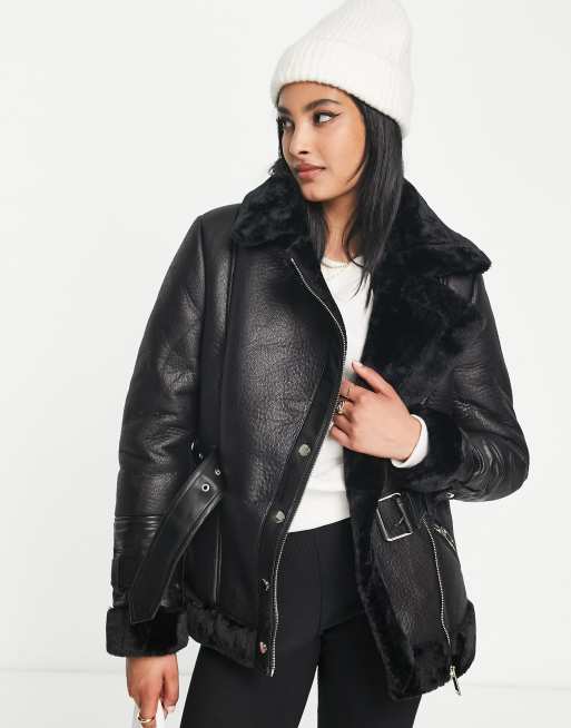 Black faux fur outlet aviator jacket river island