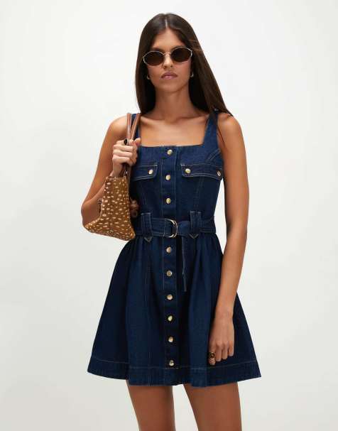 River Island Belted button through denim dress in dark blue - view 1