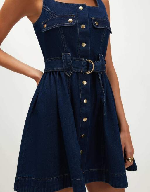 River Island Belted button through denim dress in dark blue , 2 of 4
