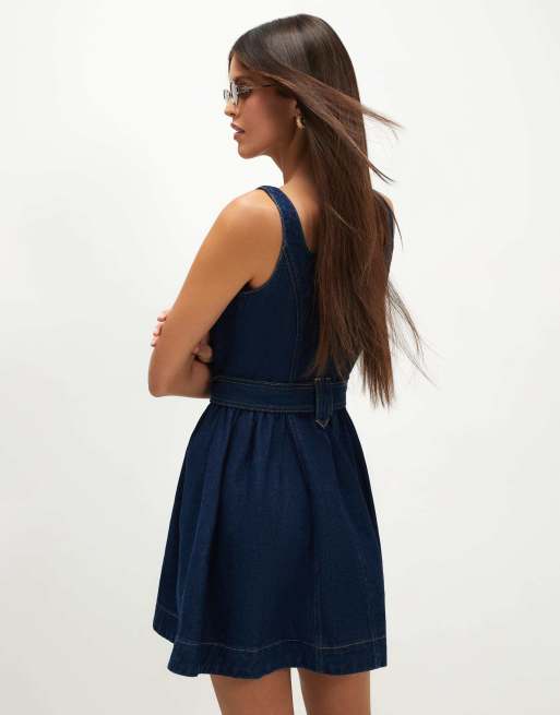 River Island Belted button through denim dress in dark blue , 4 of 4