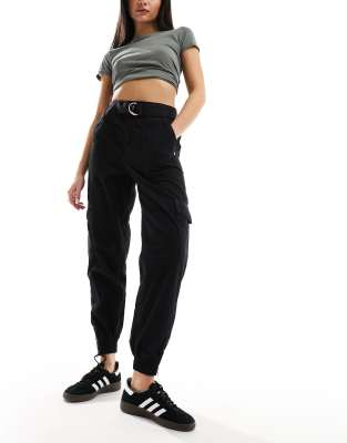 River Island Belted Cargo Utility Pants In Black