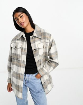 River Island Belted Check Overshirt in Grey