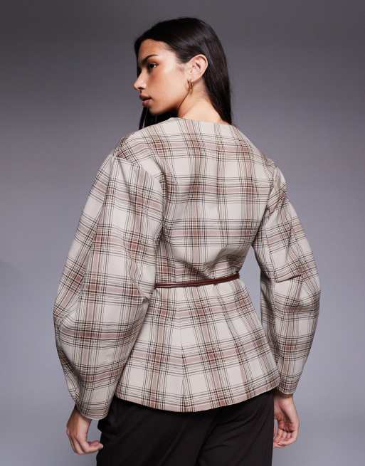 River Island belted checked cocoon sleeve blazer in brown, 2 of 4