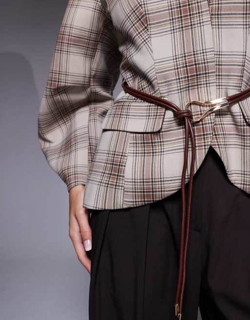 River Island belted checked cocoon sleeve blazer in brown, 3 of 4