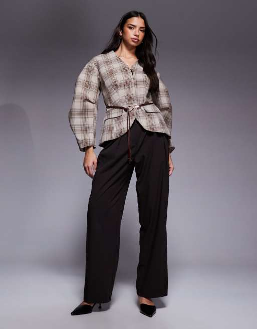 River Island belted checked cocoon sleeve blazer in brown, 4 of 4