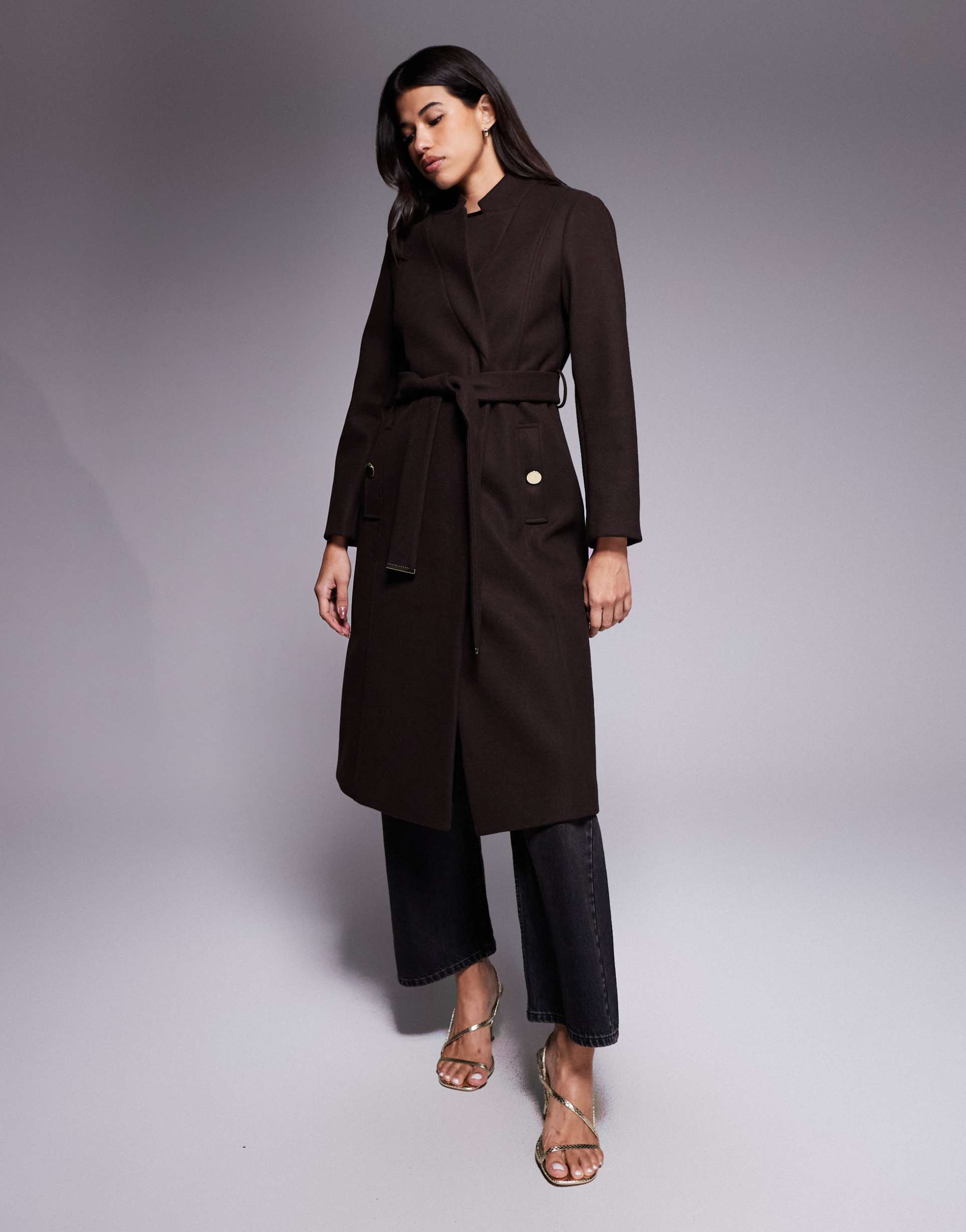 river island belted coat in dark brown