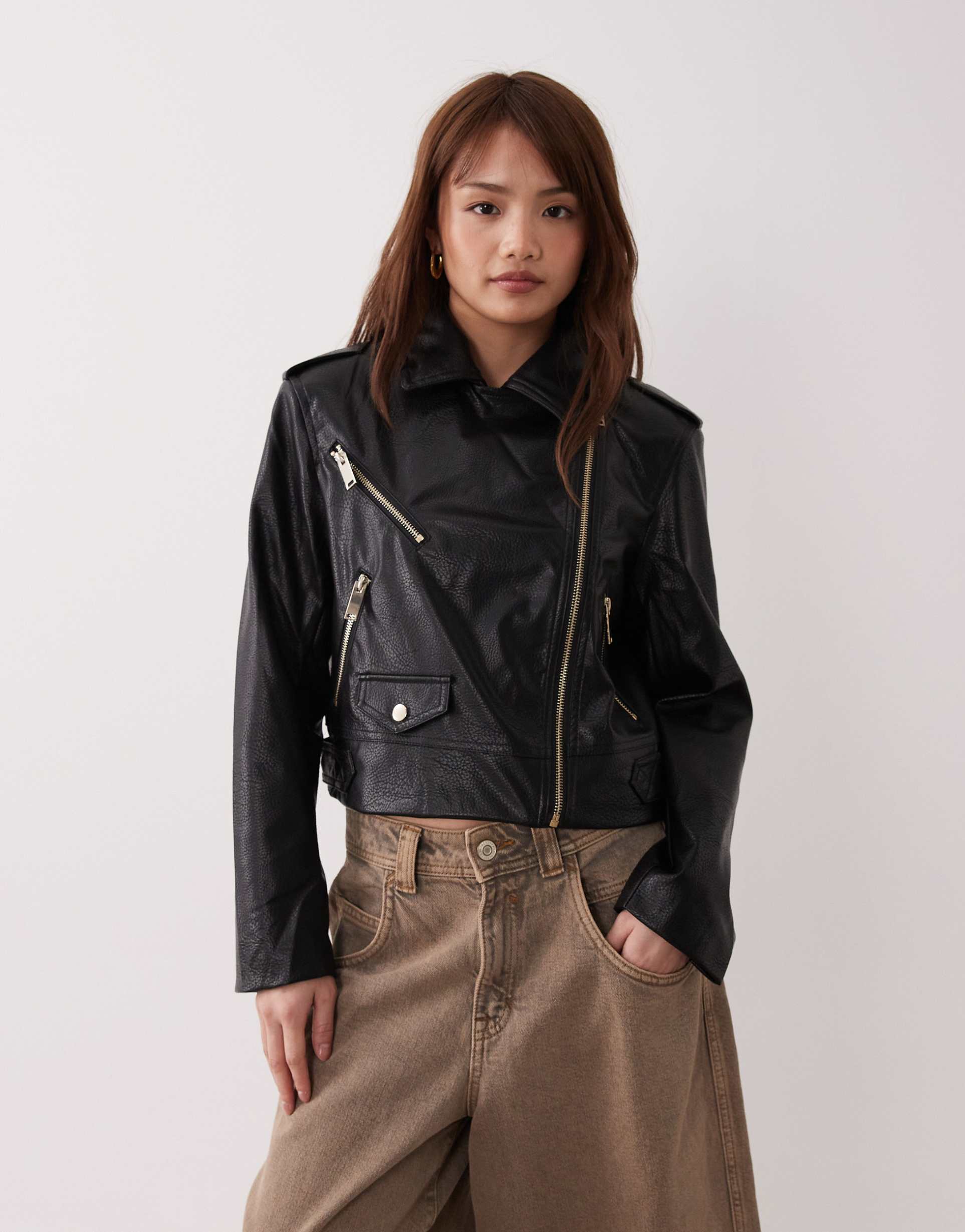 river island belted cropped biker jacket in black