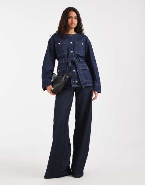 River Island belted denim jacket in dark denim - view 1