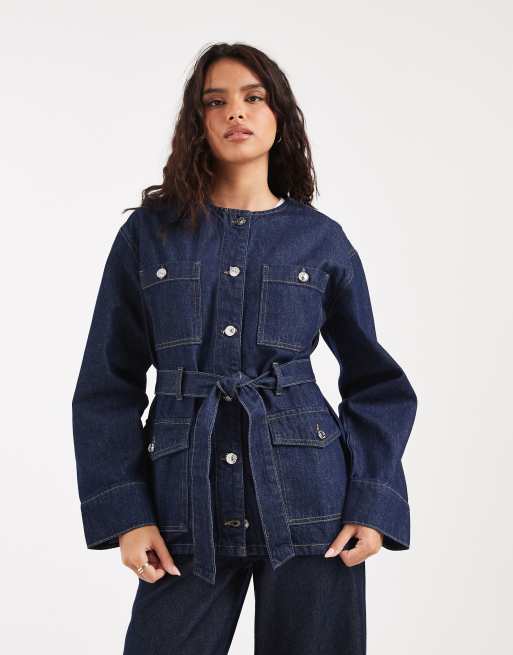 River Island belted denim jacket in dark denim, 2 of 3