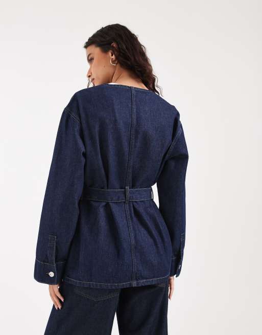 River Island belted denim jacket in dark denim, 3 of 3