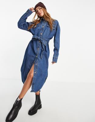 River Island belted denim midi shirt dress in mid blue