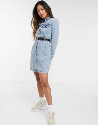 River Island belted denim mini dress in mid blue | ASOS