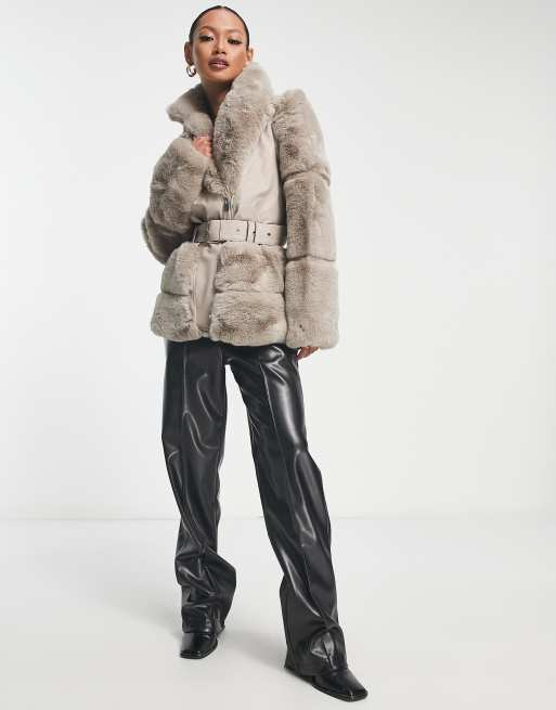 Perrie - Nude Belted Faux Fur Longline Puffer Coat, Faux Fur Coats