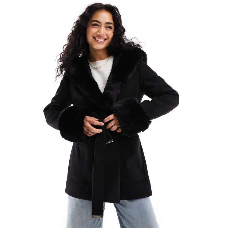 Petite Black Belted Faux Fur Coat