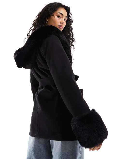 River Island faux fur lined parka jacket in black