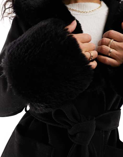 Petite Black Belted Faux Fur Coat