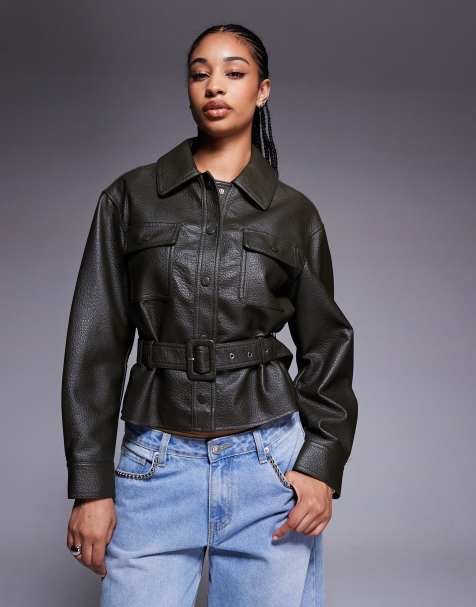 River Island belted faux leather overshirt in khaki - view 1