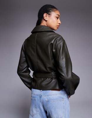 River Island Belted Faux Leather Overshirt In Black