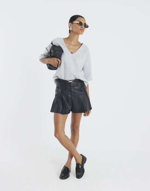 River Island Belted faux leather pleated shorts in black ASOS