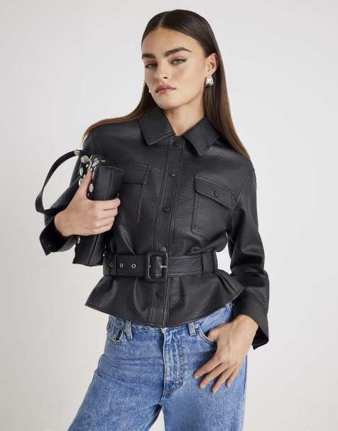 River Island Belted faux leather shirt in black - view 1