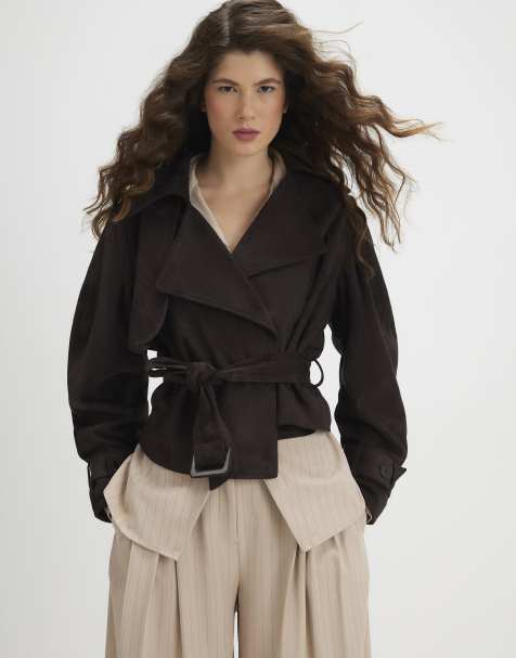 River Island Belted faux suede cropped trench jacket in brown - dark