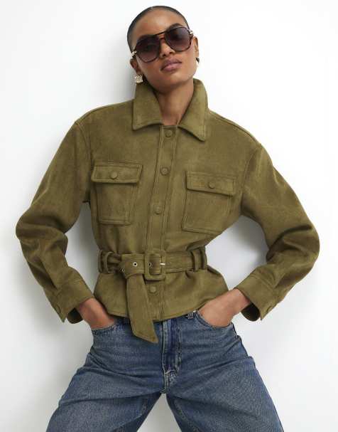 River Island Belted faux suede jacket in khaki - view 1