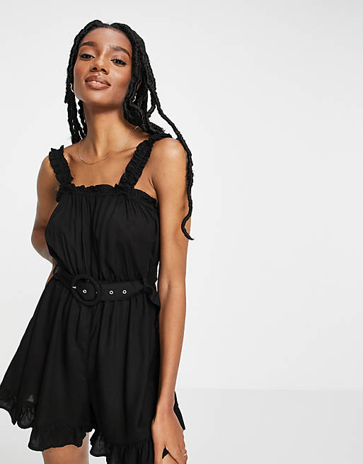River Island belted frill playsuit in black | ASOS