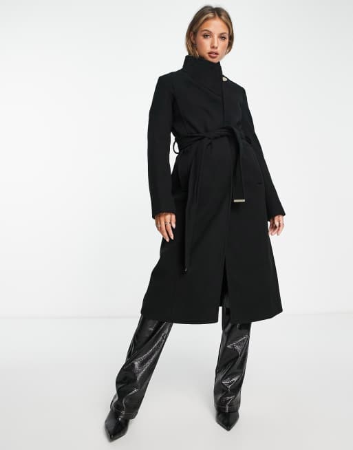 Black funnel shop neck coat women's