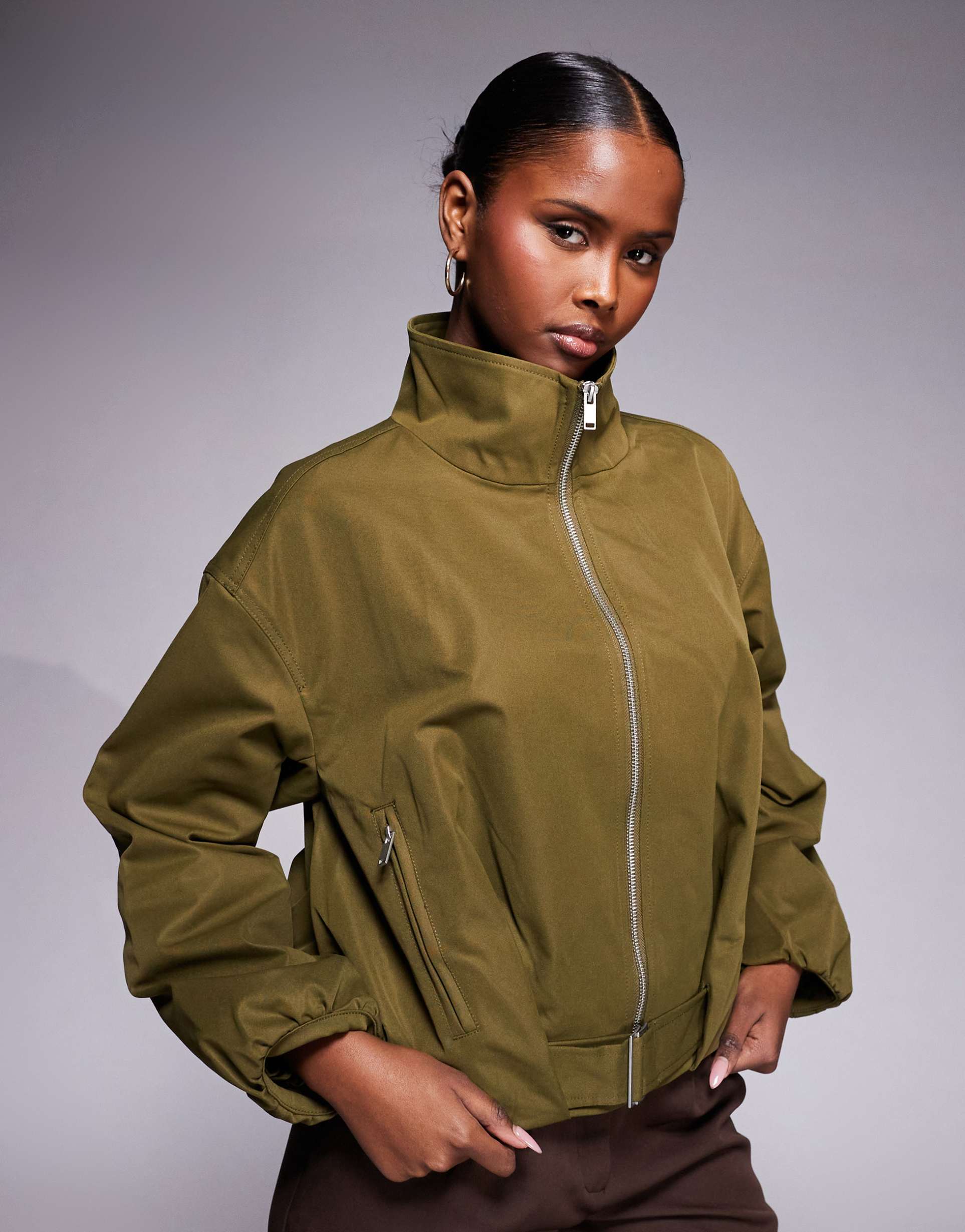 river island belted funnel neck jacket in khaki