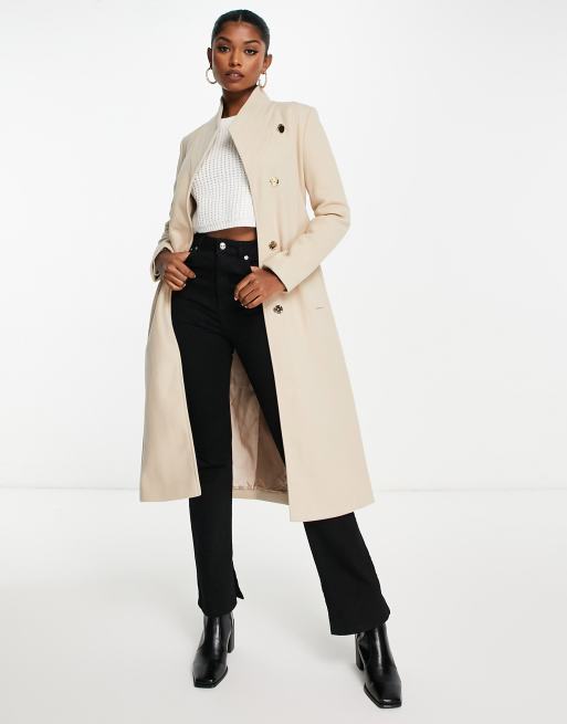 River Island belted funnel neck tailored coat in beige