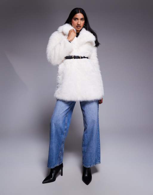 River Island belted mid length faux fur coat in cream , 2 of 4