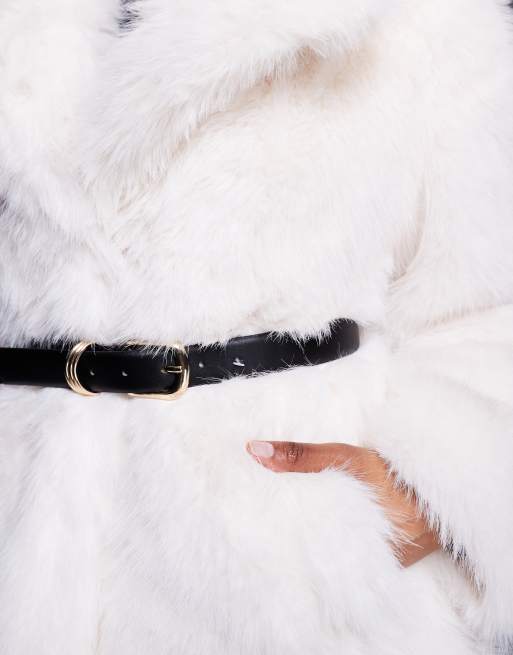 River Island belted mid length faux fur coat in cream , 3 of 4