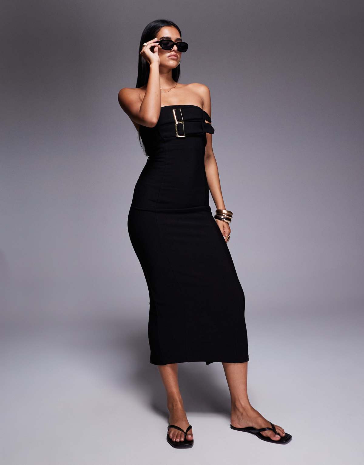 River Island belted midi dress in black