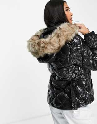 black short faux fur padded puffer jacket river island