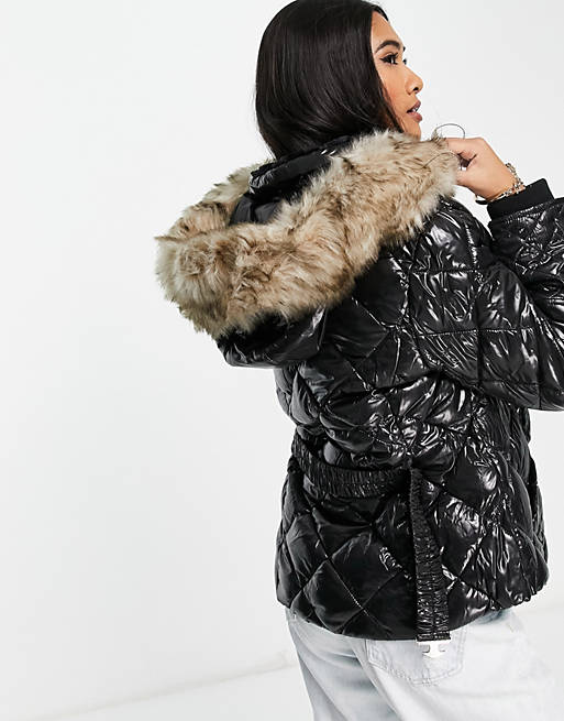 Coats & Jackets River Island belted patent quilted padded jacket with faux fur hood in black 