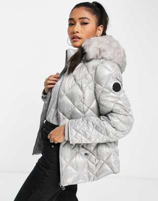 womens grey padded coat with fur hood