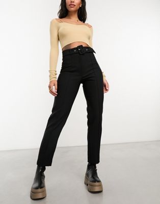 River Island belted peg trouser in black - ASOS Price Checker