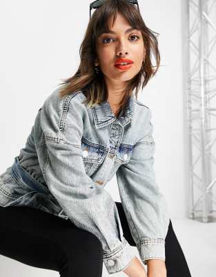 River Island belted peplum denim jacket in medium blue | ASOS