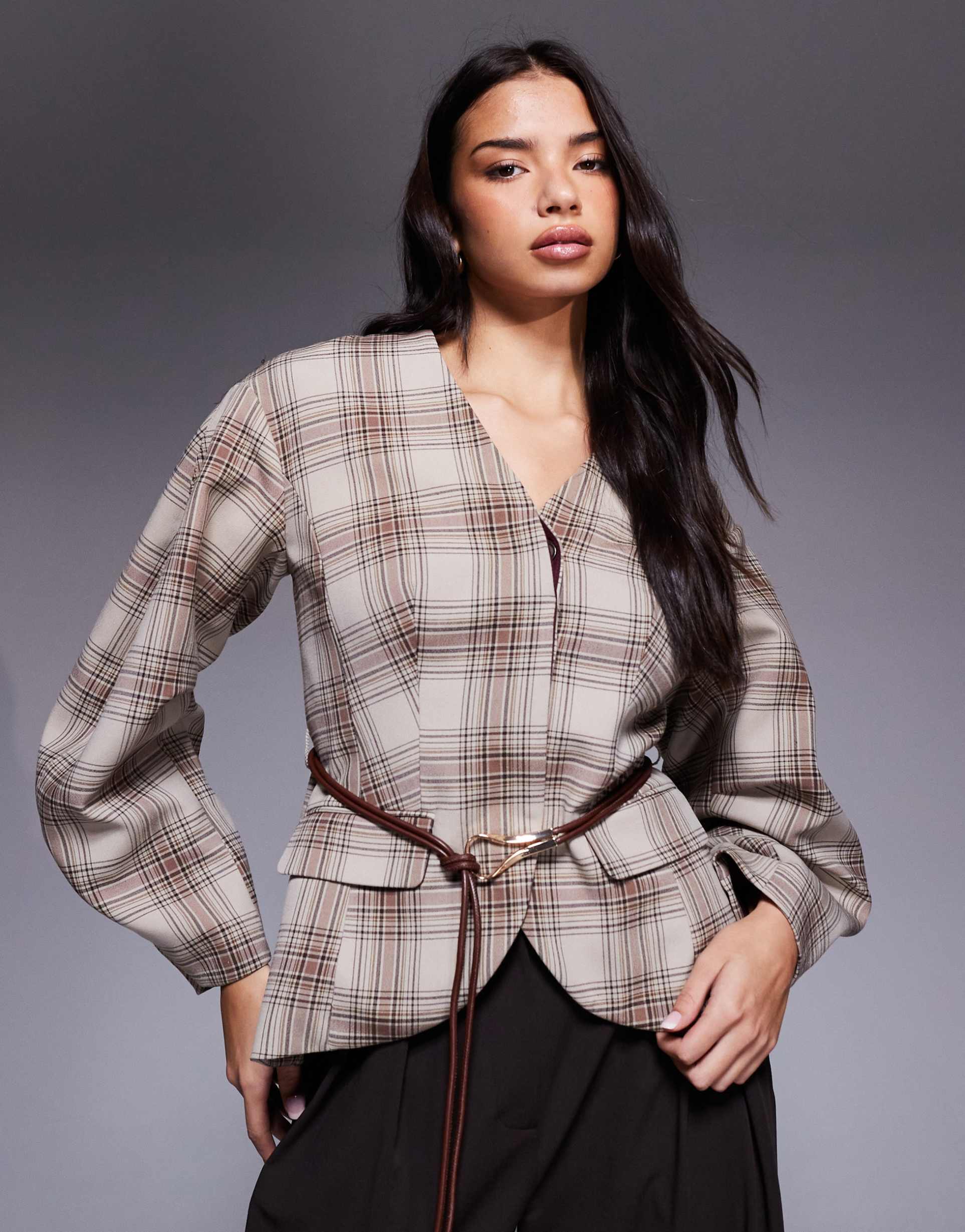 river island belted plaid cocoon sleeves blazer in brown