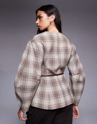 River Island Belted Plaid Cocoon Sleeves Blazer In Brown